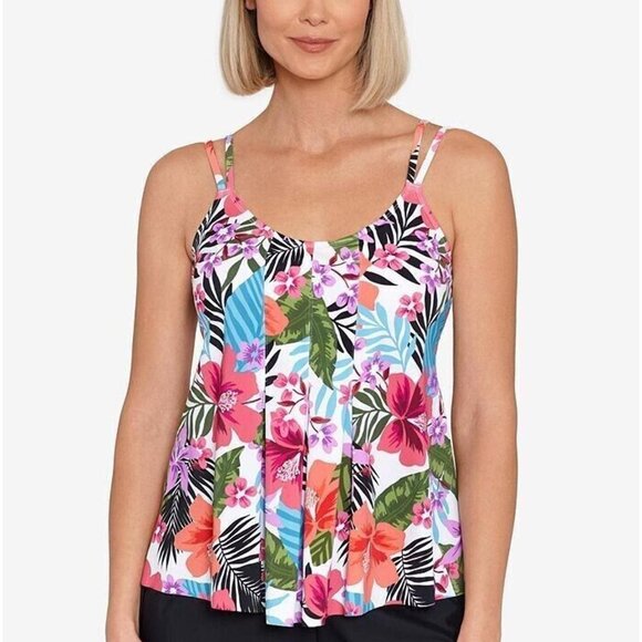 Swim Solutions Tropical Pleated Tankini Top Multicolor 12 - Picture 1 of 1
